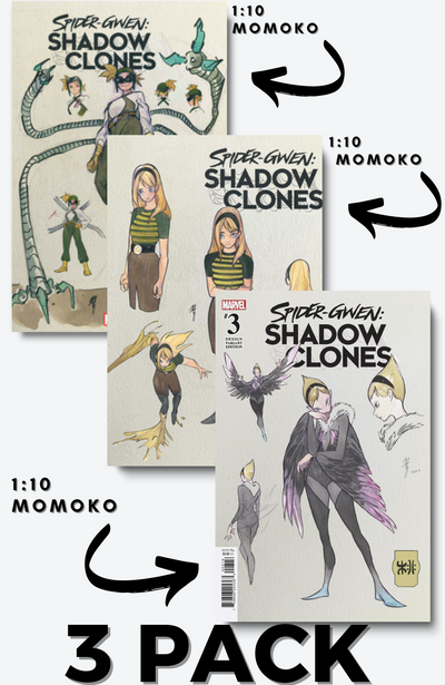 PEACH MOMOKO, SPIDER-GWEN SHADOW CLONES 1:10 #1 #2 #3 3 PACK, MARVEL COMIC BOOK,
